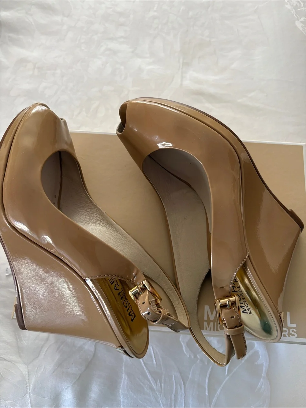 Michael Kors Beige Patent Peep-Toe Wedge Slingback Heels